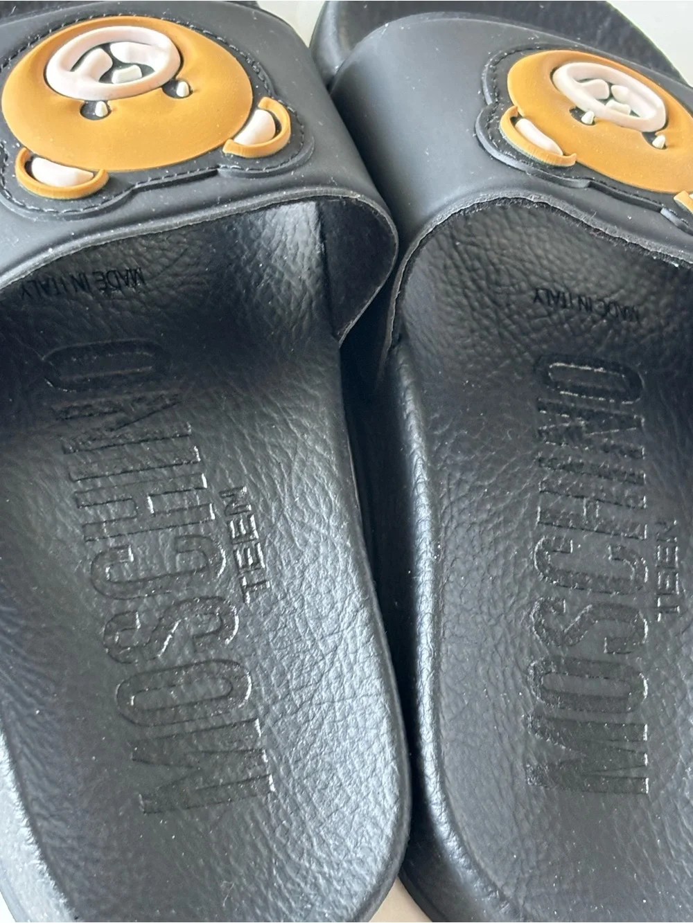 Moschino Black Kids Slide Sandals with Brown Bear Motif